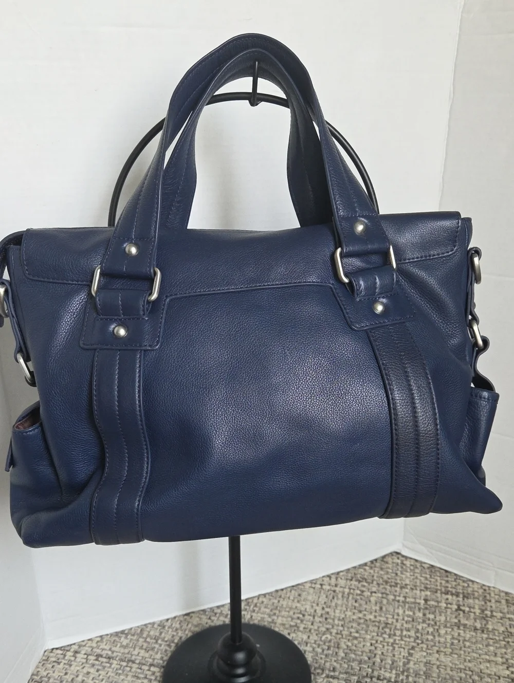 ECCO Navy Blue Hrained Leather Top-Handle Satchel Bag